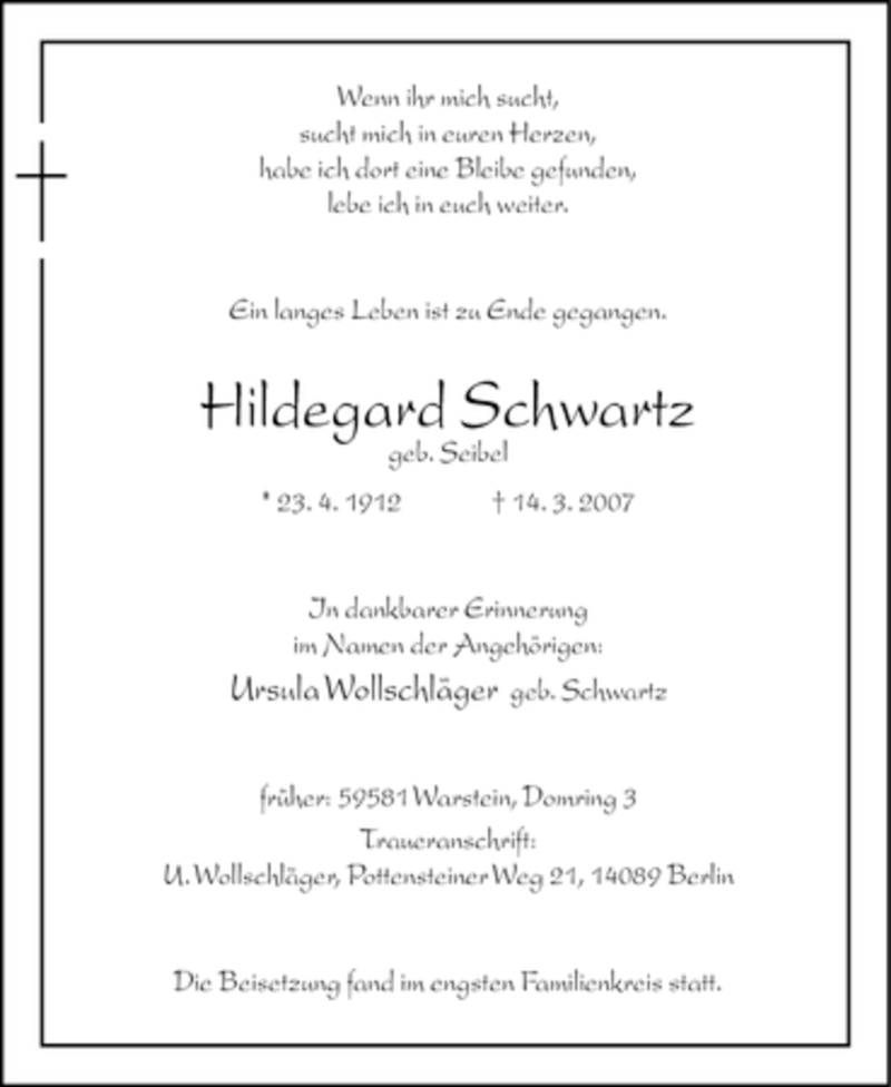  Traueranzeige für Hildegard Schwartz vom 19.03.2007 aus WESTFÄLISCHER ANZEIGER