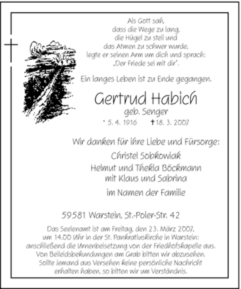  Traueranzeige für Gertrud Habich vom 20.03.2007 aus WESTFÄLISCHER ANZEIGER