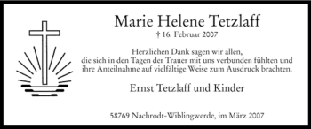 Traueranzeige von Marie Helene Tetzlaff von WESTFÄLISCHER ANZEIGER