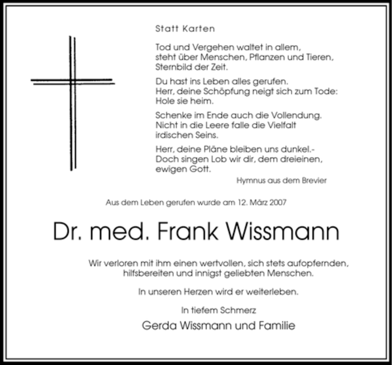  Traueranzeige für Frank Wissmann vom 21.03.2007 aus WESTFÄLISCHER ANZEIGER