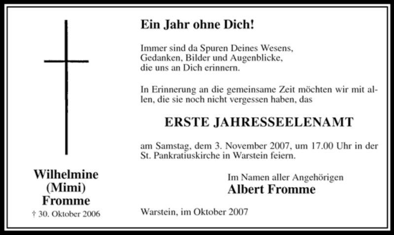  Traueranzeige für Wilhelmine Fromme vom 31.10.2007 aus WESTFÄLISCHER ANZEIGER