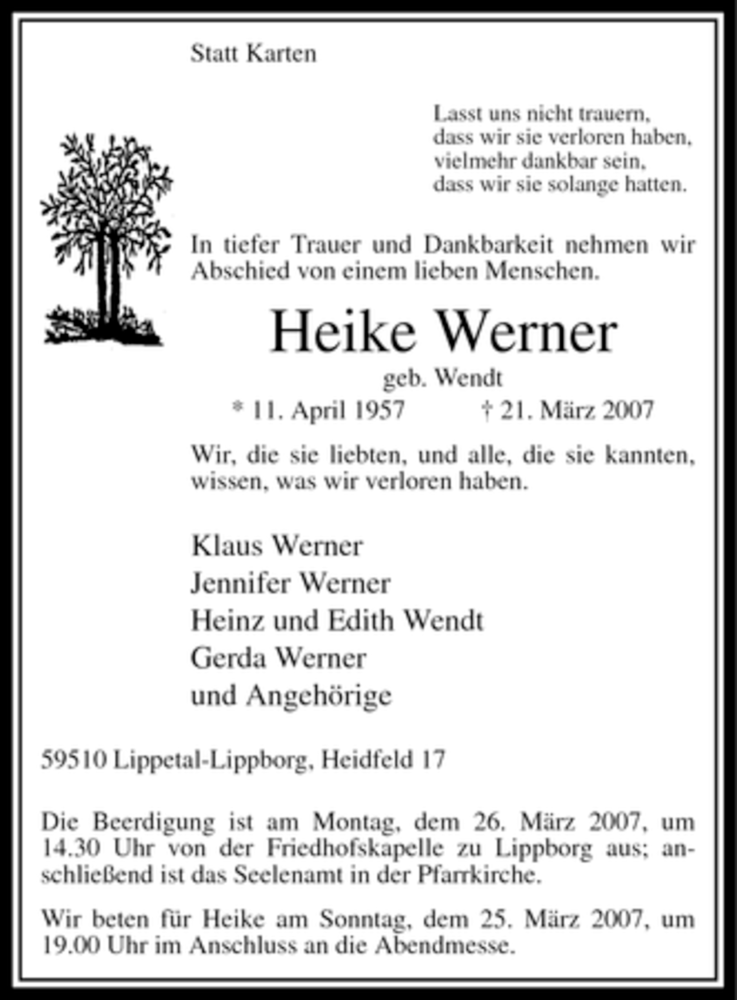  Traueranzeige für Heike Werner vom 23.03.2007 aus WESTFÄLISCHER ANZEIGER