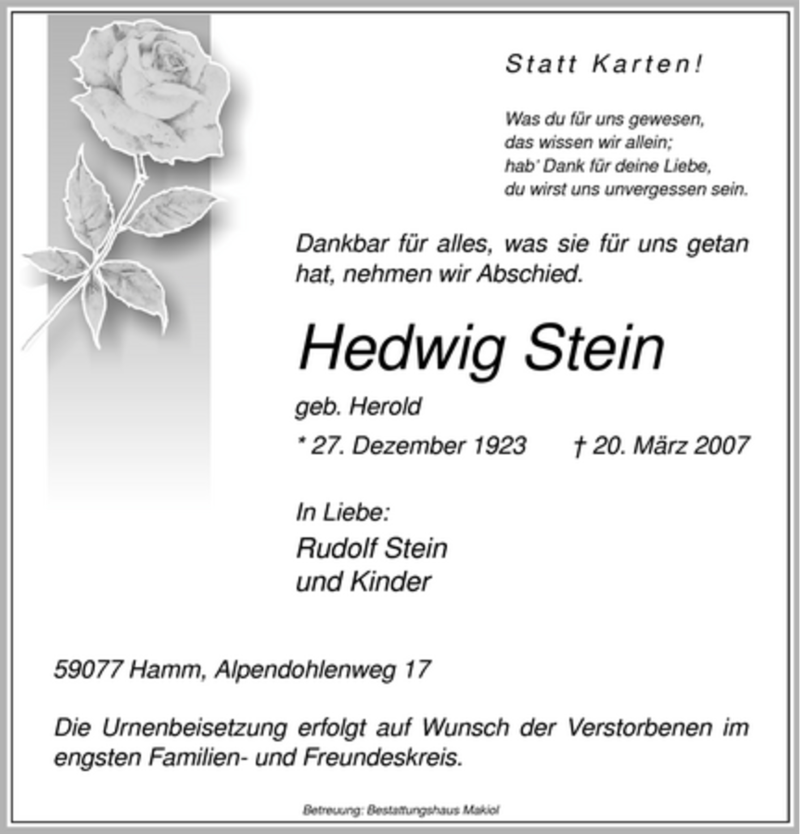  Traueranzeige für Hedwig Stein vom 24.03.2007 aus WESTFÄLISCHER ANZEIGER