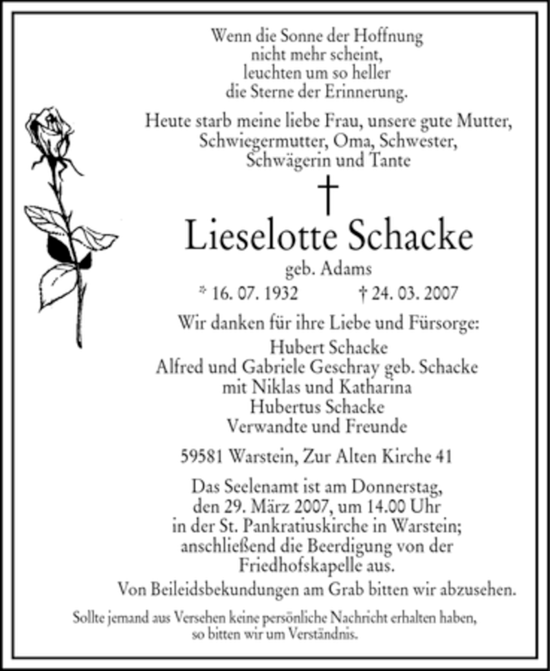  Traueranzeige für Lieselotte Schacke vom 26.03.2007 aus WESTFÄLISCHER ANZEIGER