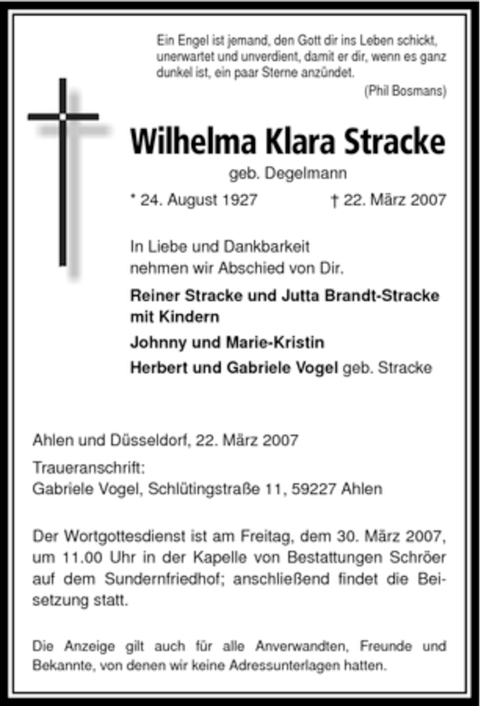  Traueranzeige für Wilhelma Klara Stracke vom 28.03.2007 aus WESTFÄLISCHER ANZEIGER