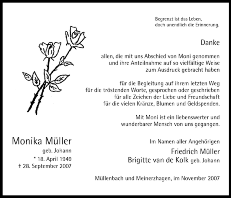  Traueranzeige für Monika Müller vom 17.11.2007 aus WESTFÄLISCHER ANZEIGER