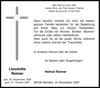 Traueranzeige von Lieselotte Reimer von WESTFÄLISCHER ANZEIGER