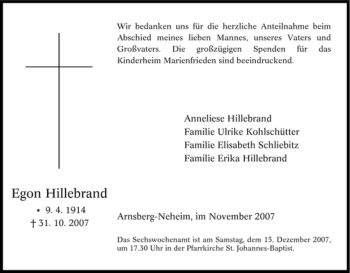 Traueranzeige von Egon Hillebrand von WESTFÄLISCHER ANZEIGER