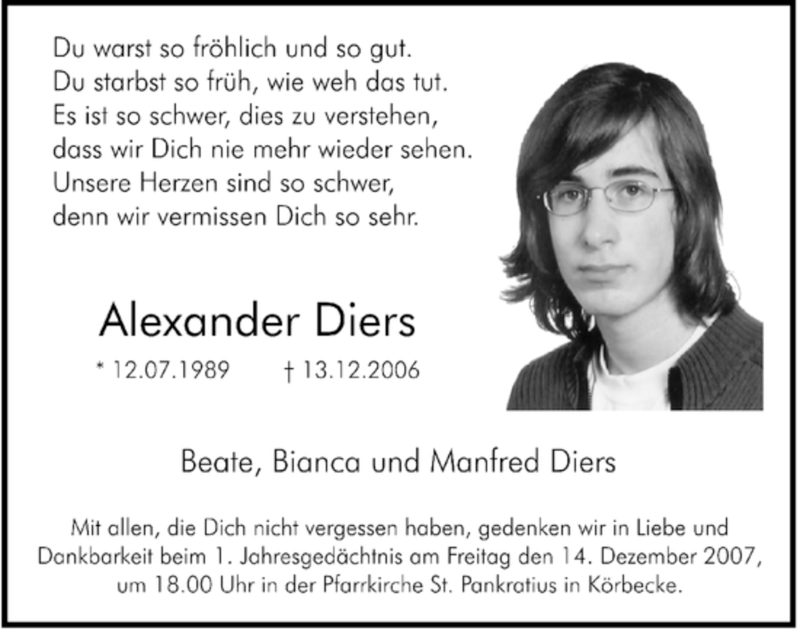 Traueranzeige für Alexander Diers vom 13.12.2007 aus WESTFÄLISCHER ANZEIGER