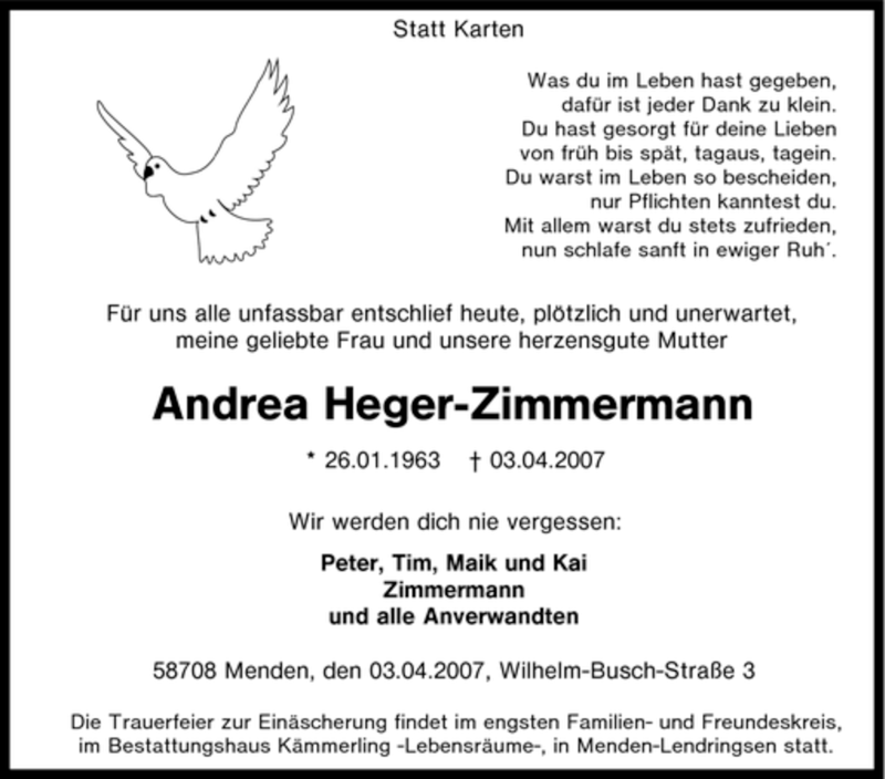  Traueranzeige für Andrea Heger-Zimmermann vom 10.04.2007 aus WESTFÄLISCHER ANZEIGER