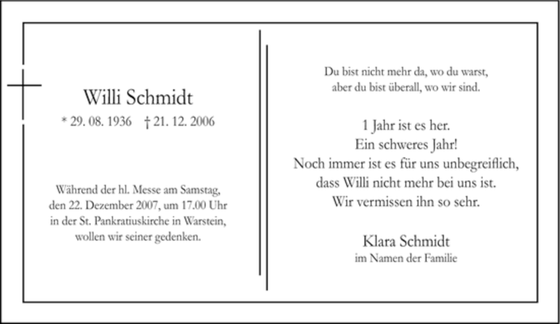  Traueranzeige für Willi Schmidt vom 15.12.2007 aus WESTFÄLISCHER ANZEIGER