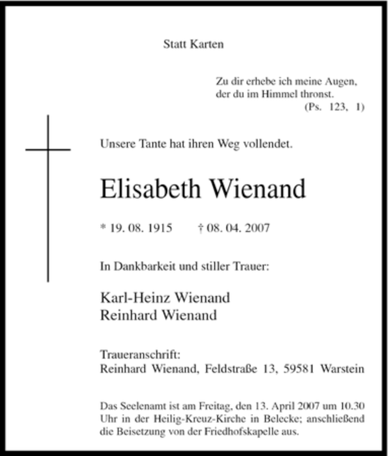 Traueranzeige für Elisabeth Wienand vom 10.04.2007 aus WESTFÄLISCHER ANZEIGER