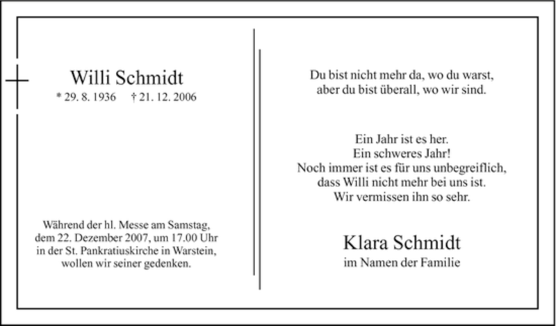  Traueranzeige für Willi Schmidt vom 15.12.2007 aus WESTFÄLISCHER ANZEIGER