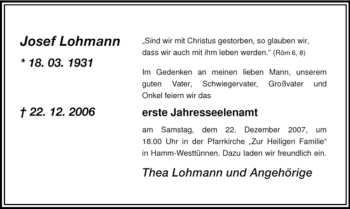 Traueranzeige von Josef Lohmann von WESTFÄLISCHER ANZEIGER