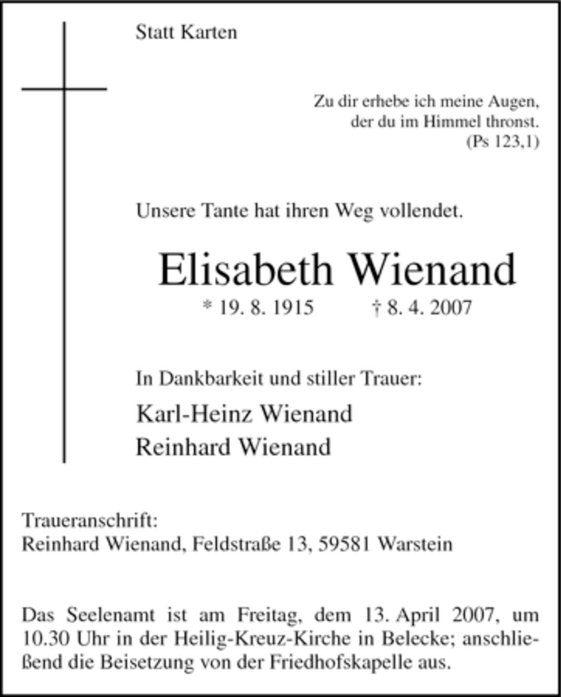  Traueranzeige für Elisabeth Wienand vom 11.04.2007 aus WESTFÄLISCHER ANZEIGER