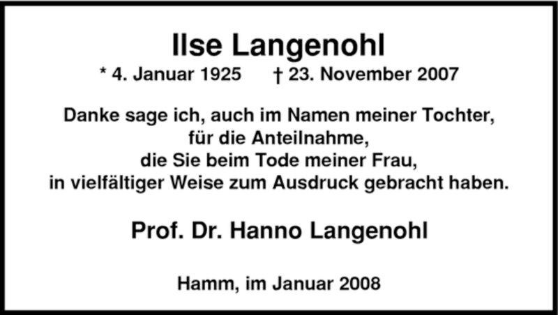  Traueranzeige für Ilse Langenohl vom 04.01.2008 aus WESTFÄLISCHER ANZEIGER
