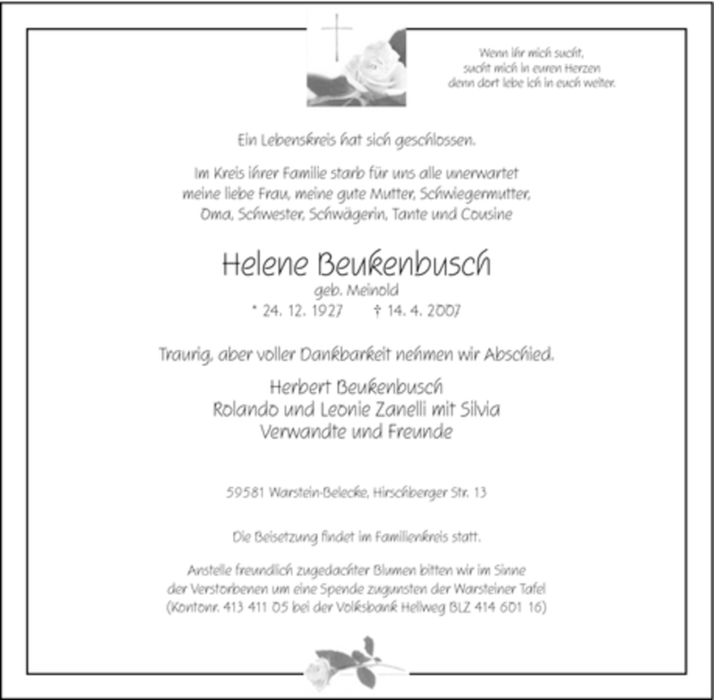  Traueranzeige für Helene Beukenbusch vom 18.04.2007 aus WESTFÄLISCHER ANZEIGER