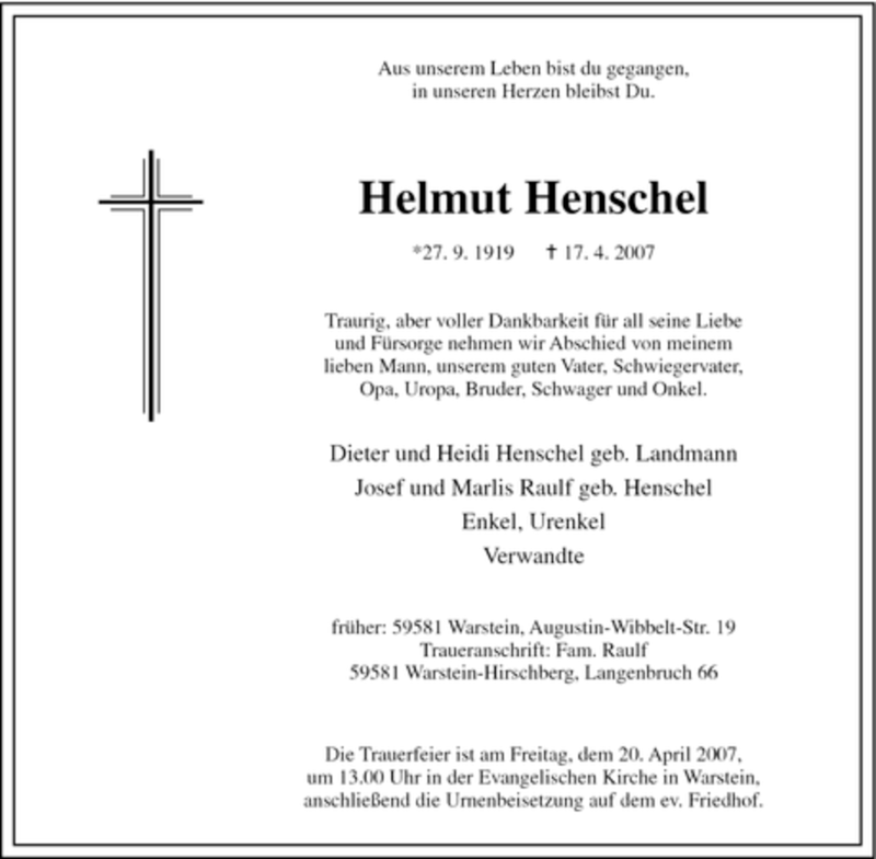  Traueranzeige für Helmut Henschel vom 18.04.2007 aus WESTFÄLISCHER ANZEIGER