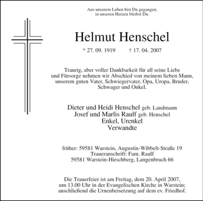 Traueranzeige für Helmut Henschel vom 18.04.2007 aus WESTFÄLISCHER ANZEIGER