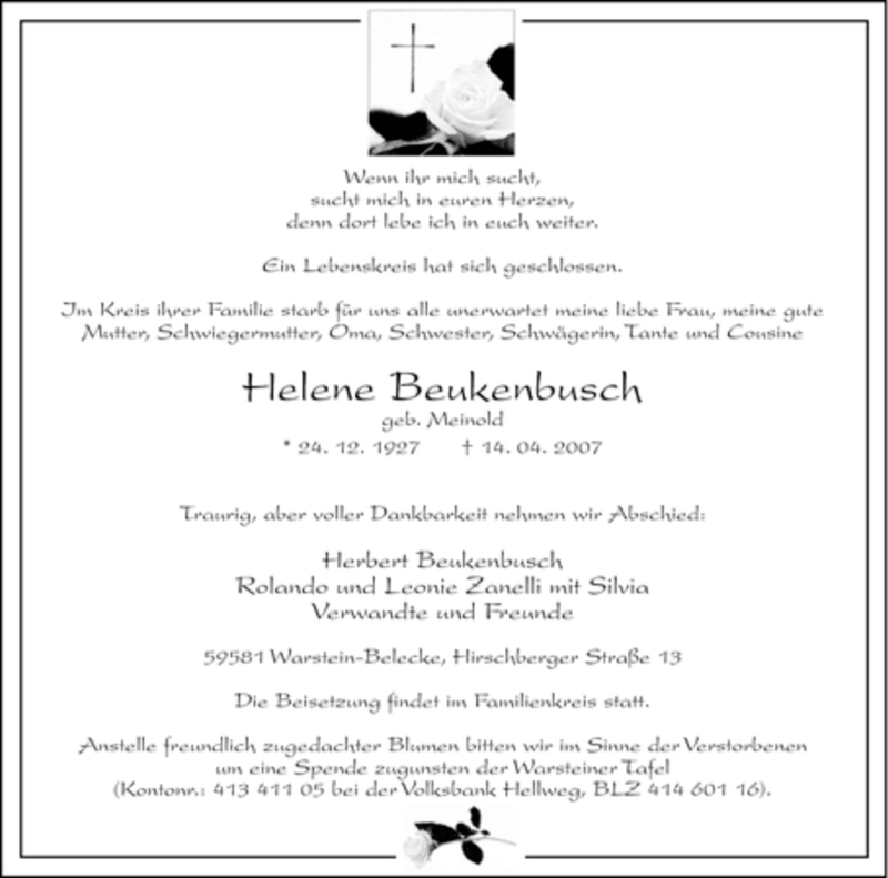  Traueranzeige für Helene Beukenbusch vom 18.04.2007 aus WESTFÄLISCHER ANZEIGER