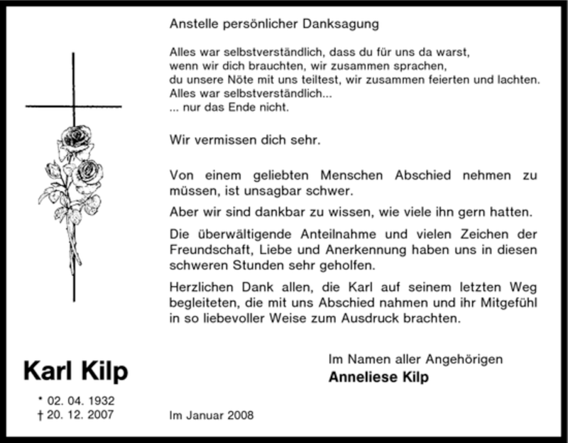  Traueranzeige für Karl Kilp vom 19.01.2008 aus WESTFÄLISCHER ANZEIGER