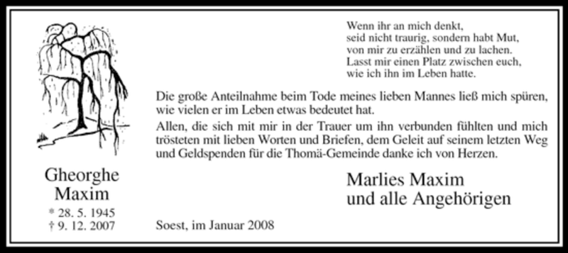 Traueranzeige für Gheorghe Maxim vom 19.01.2008 aus WESTFÄLISCHER ANZEIGER