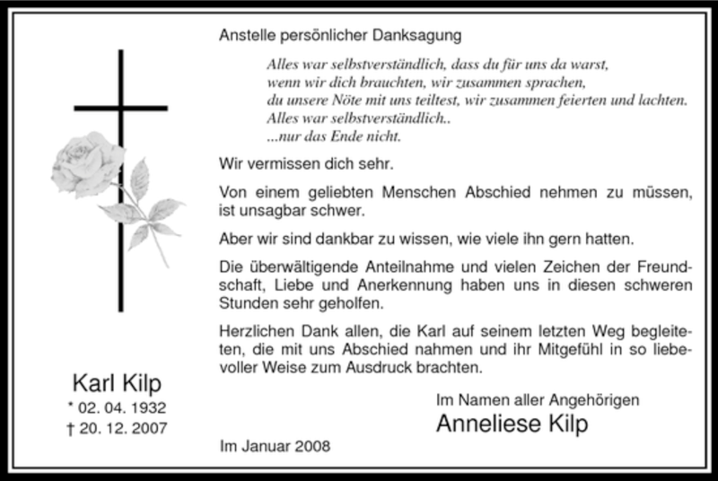  Traueranzeige für Karl Kilp vom 19.01.2008 aus WESTFÄLISCHER ANZEIGER