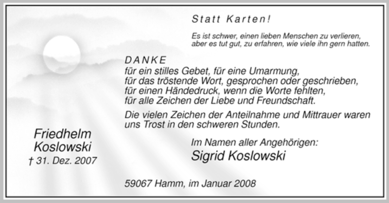  Traueranzeige für Friedhelm Koslowski vom 19.01.2008 aus WESTFÄLISCHER ANZEIGER
