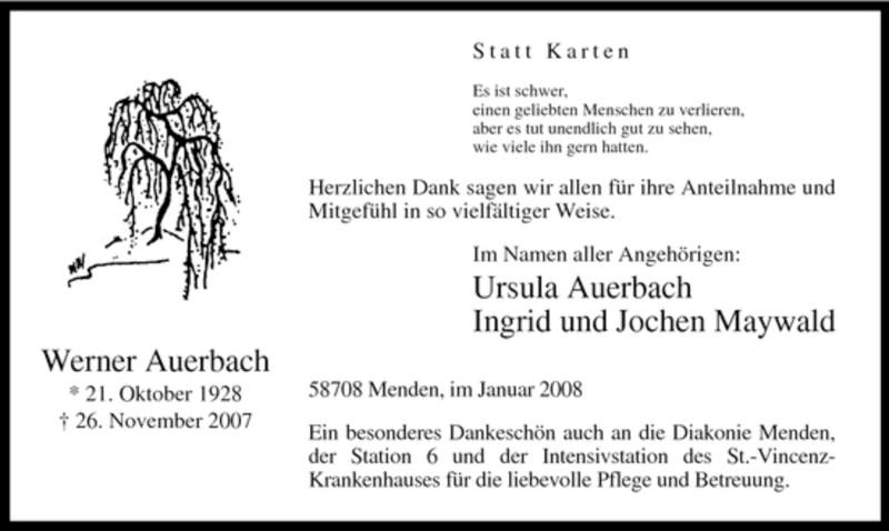  Traueranzeige für Werner Auerbach vom 19.01.2008 aus WESTFÄLISCHER ANZEIGER