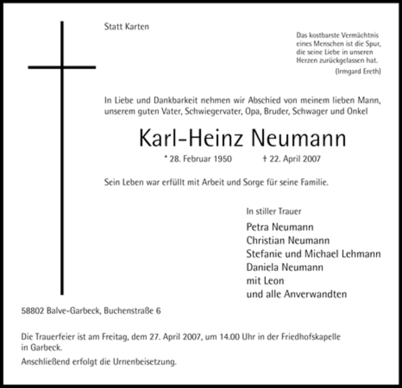  Traueranzeige für Karl-Heinz Neumann vom 24.04.2007 aus WESTFÄLISCHER ANZEIGER