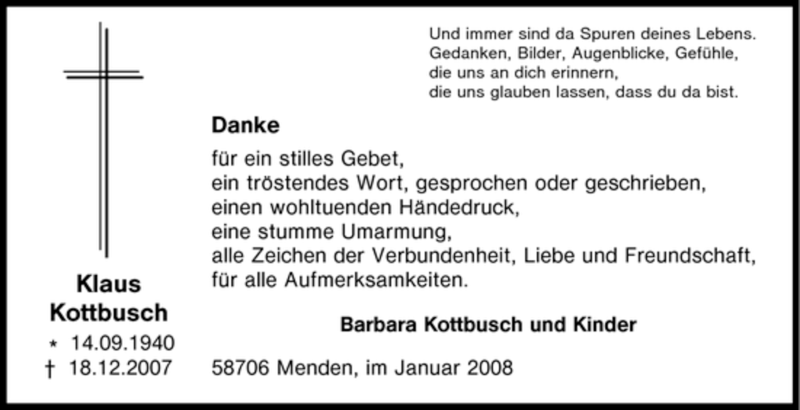  Traueranzeige für Klaus Kottbusch vom 30.01.2008 aus WESTFÄLISCHER ANZEIGER
