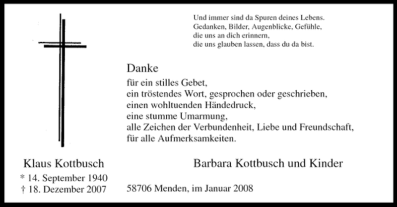  Traueranzeige für Klaus Kottbusch vom 30.01.2008 aus WESTFÄLISCHER ANZEIGER