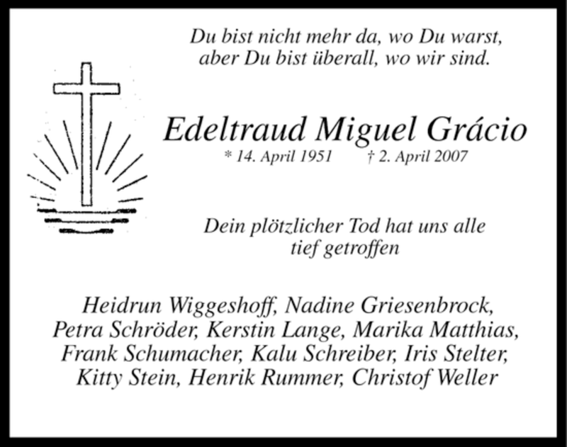  Traueranzeige für Edeltraud Miguel Gràcio vom 28.04.2007 aus WESTFÄLISCHER ANZEIGER