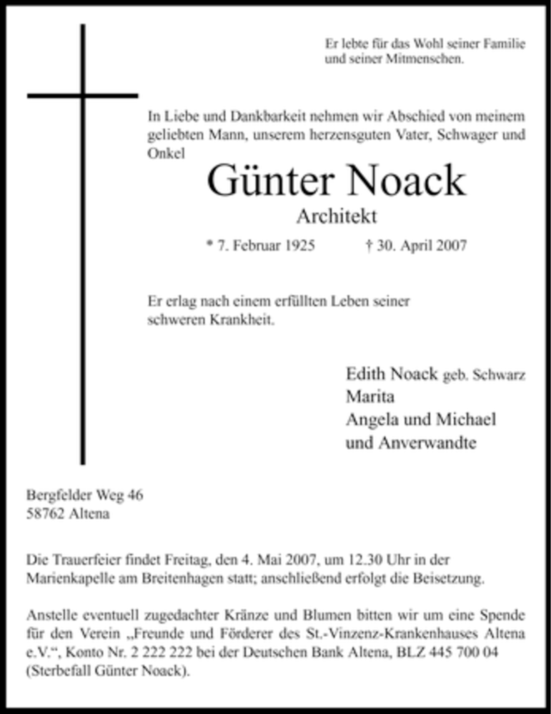  Traueranzeige für Günter Noack vom 02.05.2007 aus WESTFÄLISCHER ANZEIGER