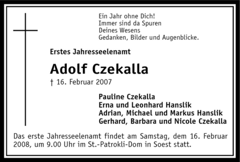  Traueranzeige für Adolf Czekalla vom 09.02.2008 aus WESTFÄLISCHER ANZEIGER