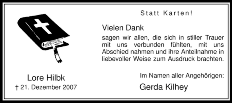  Traueranzeige für Lore Hilbk vom 09.02.2008 aus WESTFÄLISCHER ANZEIGER