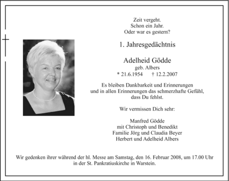  Traueranzeige für Adelheid Gödde vom 16.02.2008 aus WESTFÄLISCHER ANZEIGER