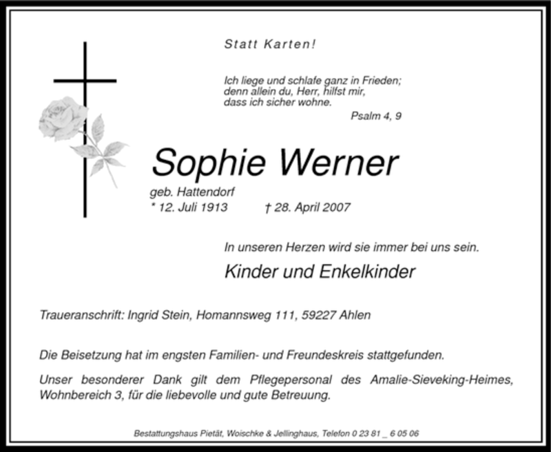  Traueranzeige für Sophie Werner vom 08.05.2007 aus WESTFÄLISCHER ANZEIGER
