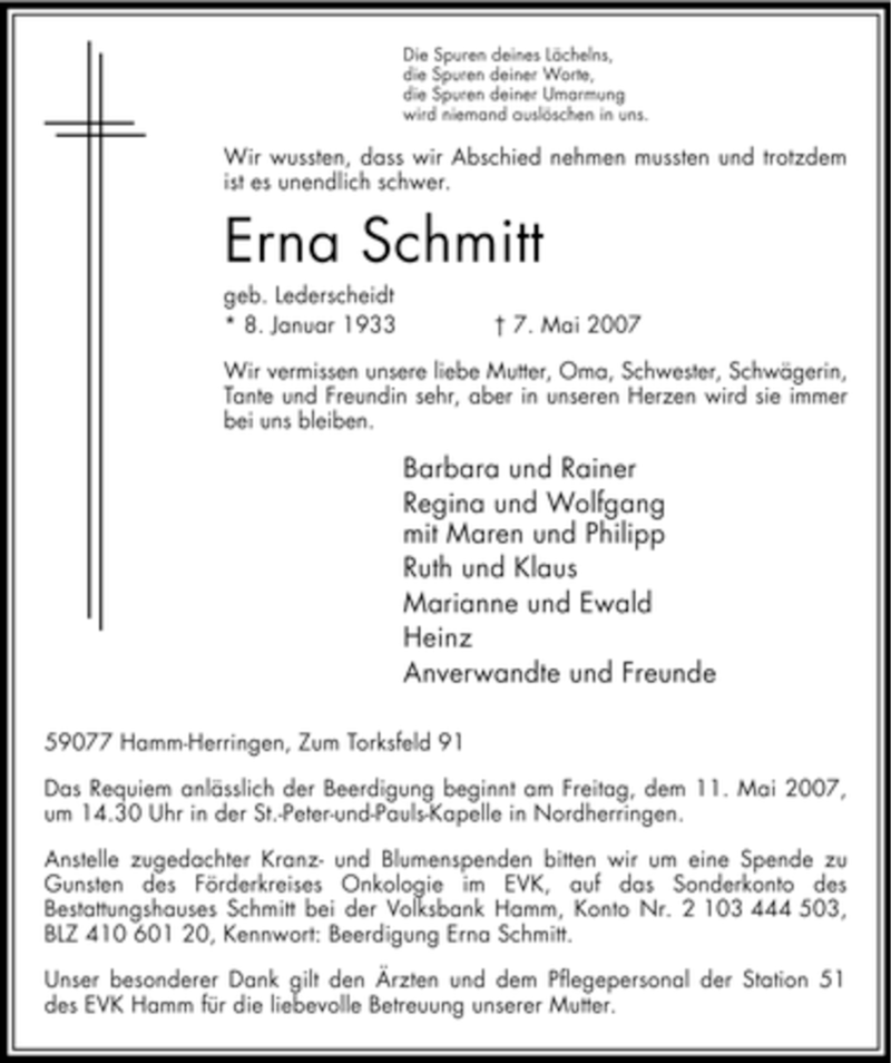  Traueranzeige für Erna Schmitt vom 09.05.2007 aus WESTFÄLISCHER ANZEIGER