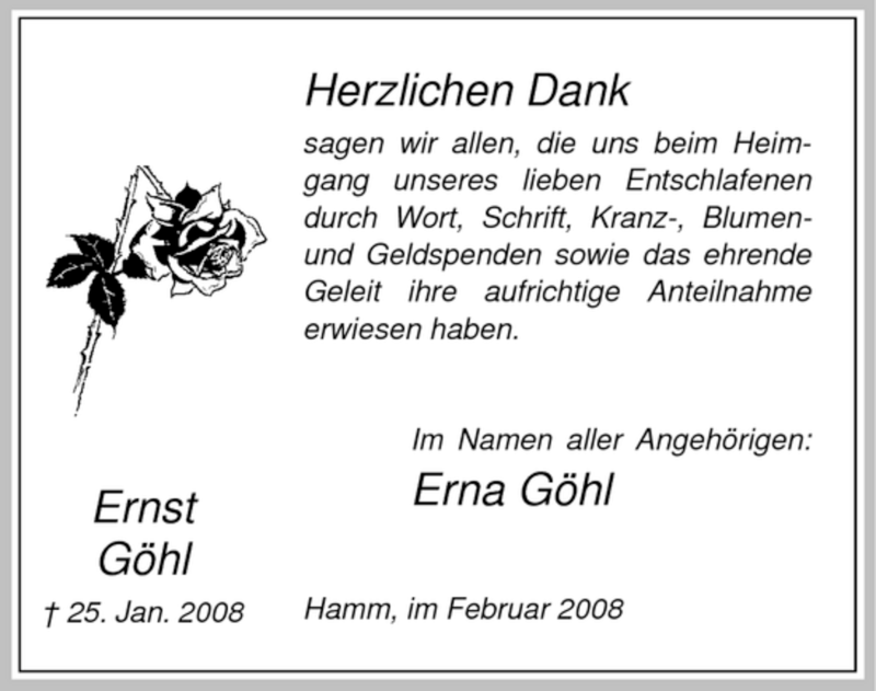 Traueranzeige für Ernst Göhl vom 19.02.2008 aus WESTFÄLISCHER ANZEIGER