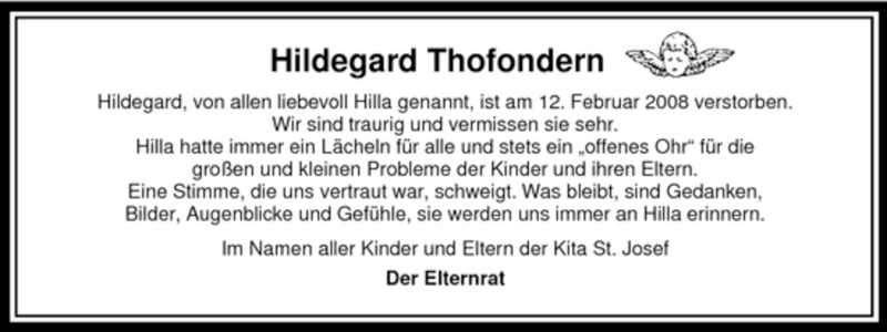  Traueranzeige für Hildegard Thofondern vom 20.02.2008 aus WESTFÄLISCHER ANZEIGER