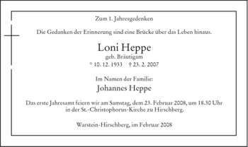 Traueranzeige von Loni Heppe von WESTFÄLISCHER ANZEIGER