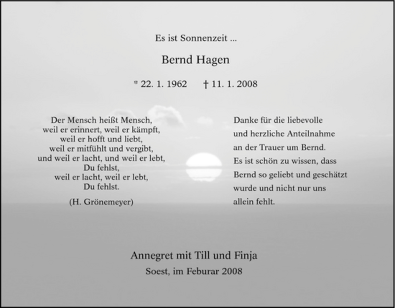  Traueranzeige für Bernd Hagen vom 23.02.2008 aus WESTFÄLISCHER ANZEIGER