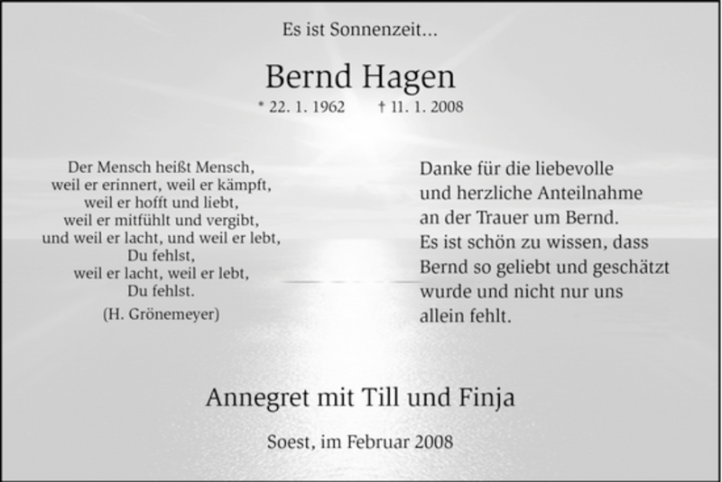  Traueranzeige für Bernd Hagen vom 23.02.2008 aus WESTFÄLISCHER ANZEIGER