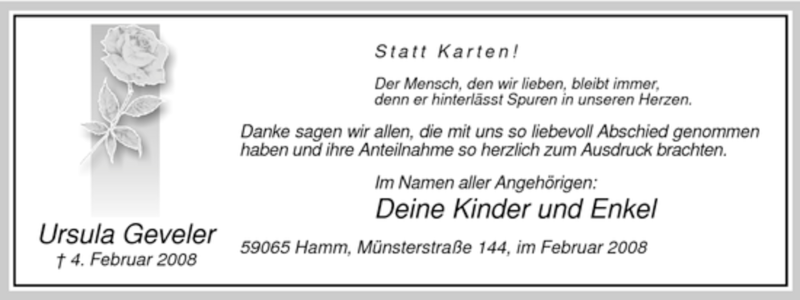  Traueranzeige für Ursula Geveler vom 23.02.2008 aus WESTFÄLISCHER ANZEIGER