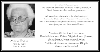 Traueranzeige von Maria Fricke von WESTFÄLISCHER ANZEIGER