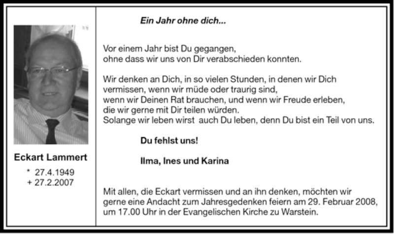  Traueranzeige für Eckart Lammert vom 27.02.2008 aus WESTFÄLISCHER ANZEIGER