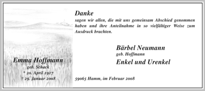  Traueranzeige für Emma Hoffmann vom 28.02.2008 aus WESTFÄLISCHER ANZEIGER