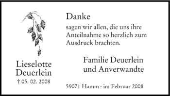 Traueranzeige von Lieselotte Deuerlein von WESTFÄLISCHER ANZEIGER