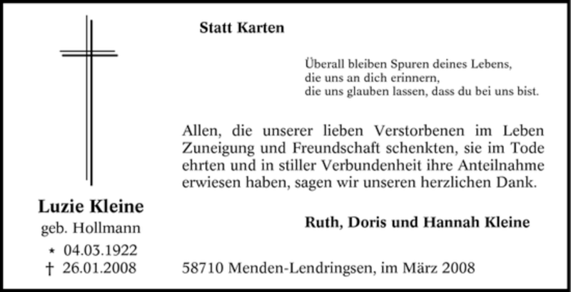  Traueranzeige für Luzie Kleine vom 01.03.2008 aus WESTFÄLISCHER ANZEIGER
